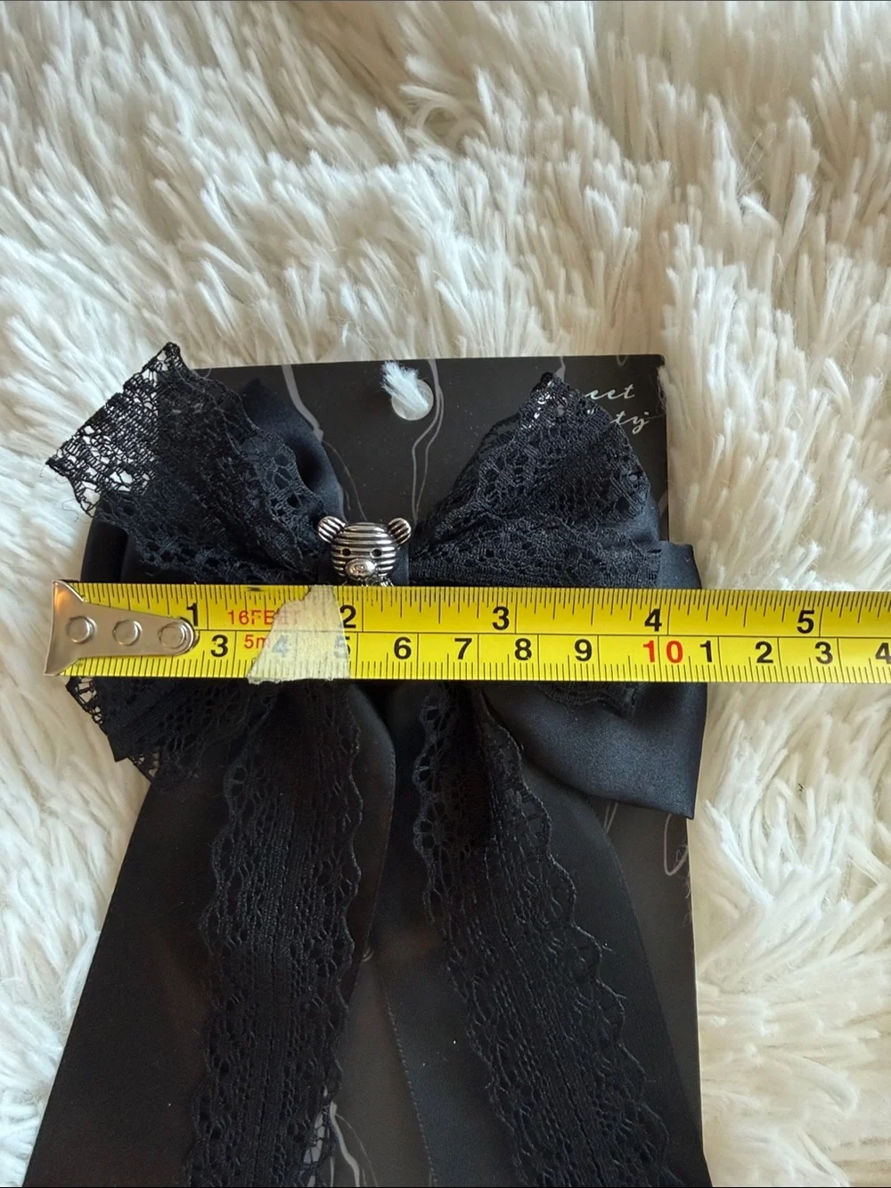 NWT Black Ribbon and Lace Bow Hair Clip with Silver Teddy Accent